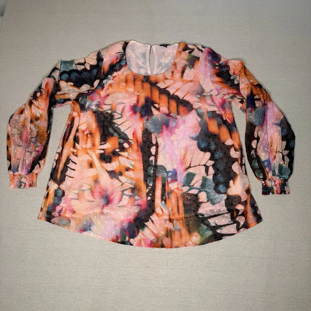 Torrid Women's Orange‎ Watercolor Blouse Long Sleeve Lined Size 00